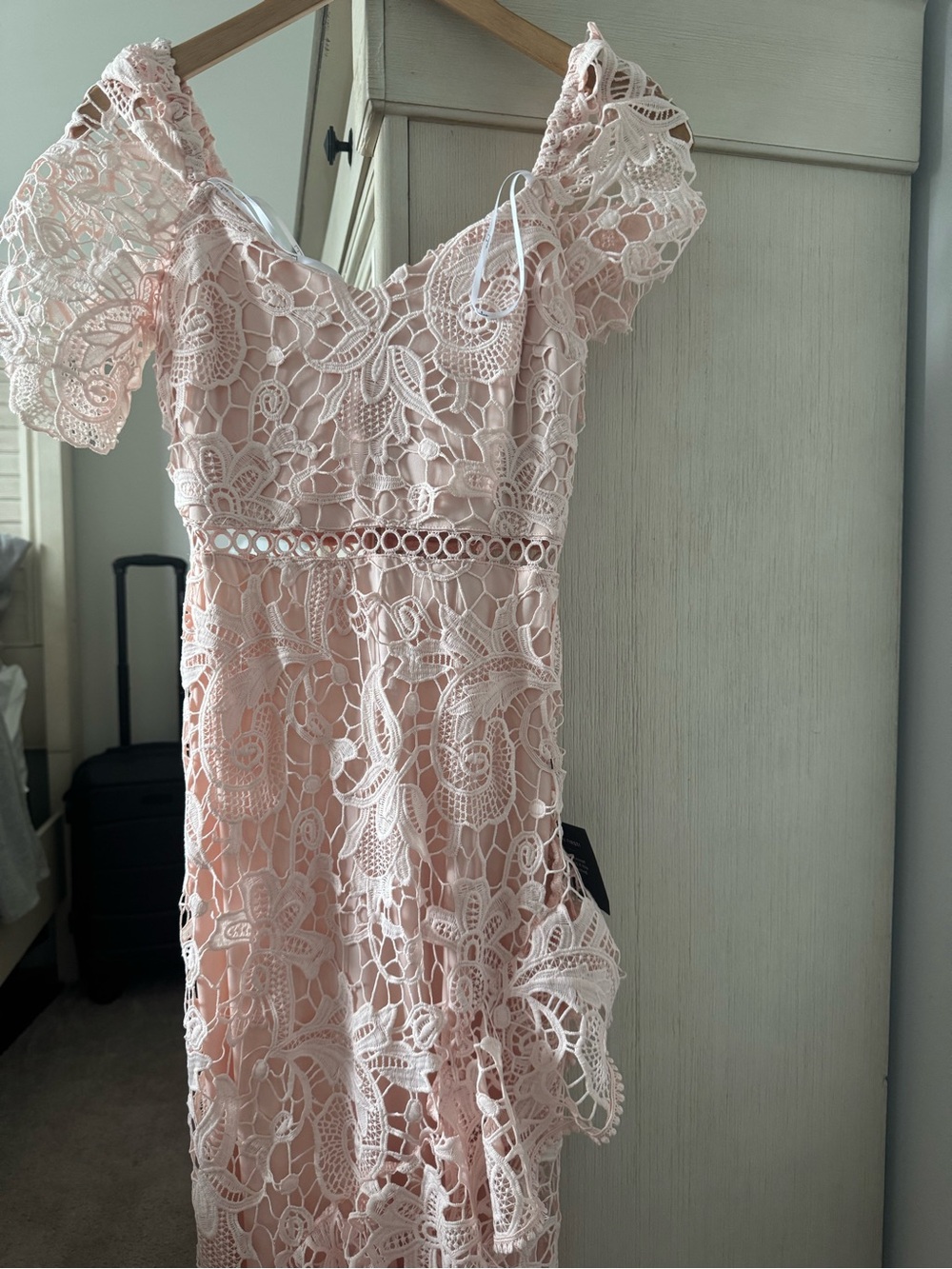 Lulu's Blush Pink Lace Midi Dress with Off-Shoulder Detail